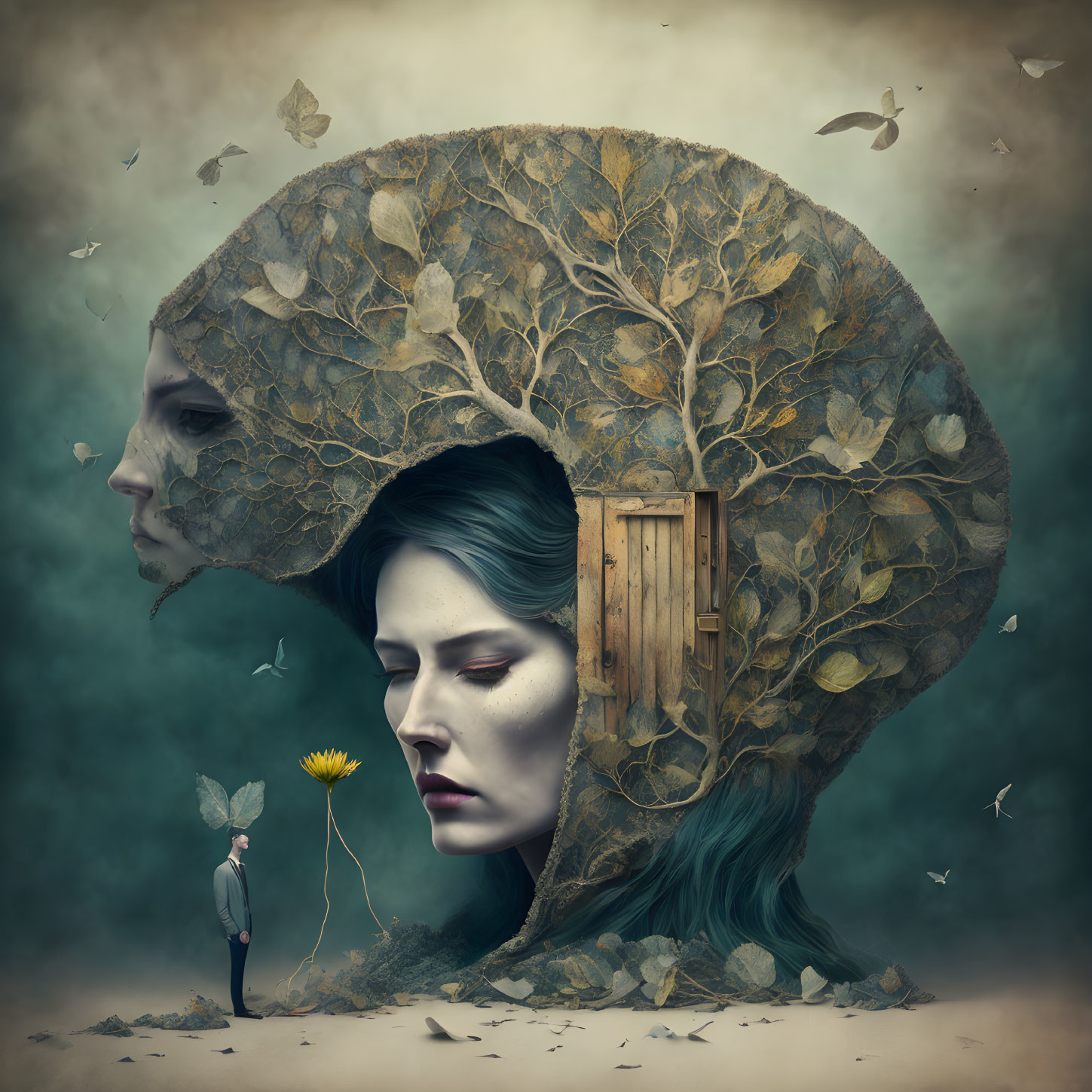 Surreal artwork featuring woman's head, tree, door, small man with flower, flying leaves