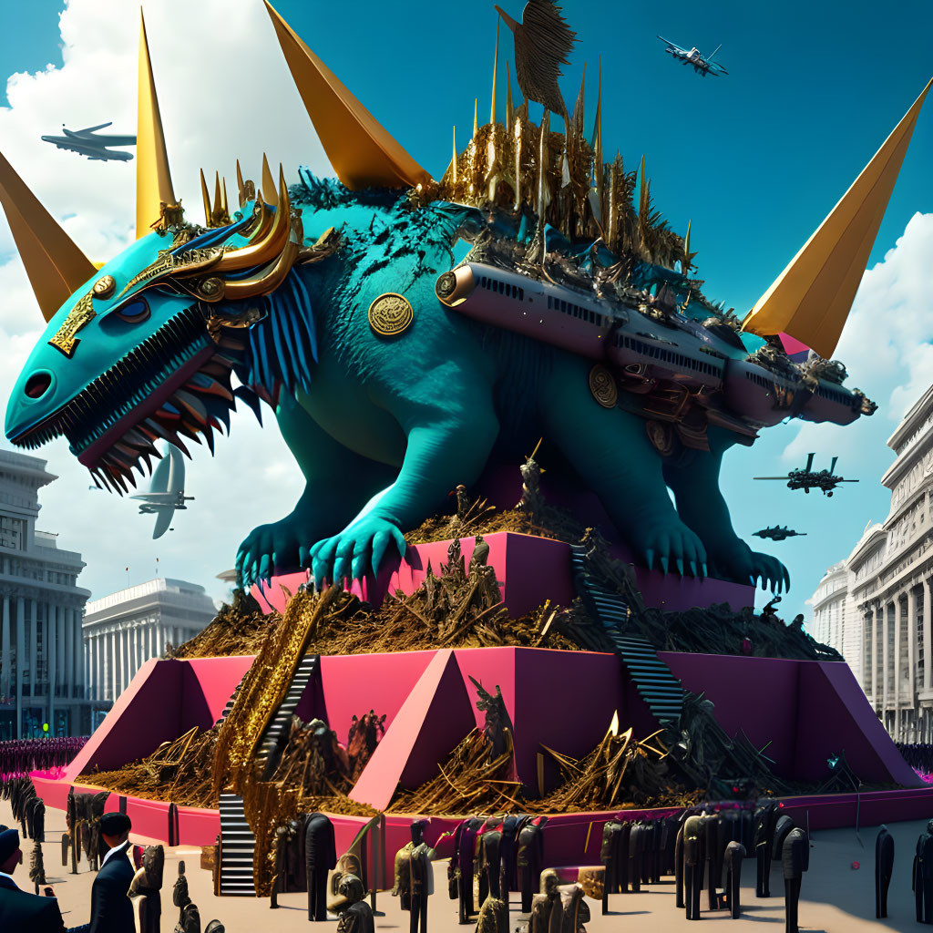 Blue and Gold Dragon Statue in Futuristic Cityscape