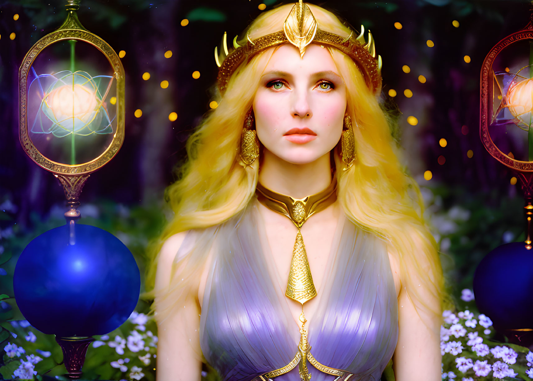 Blonde woman with golden crown in mystical forest setting