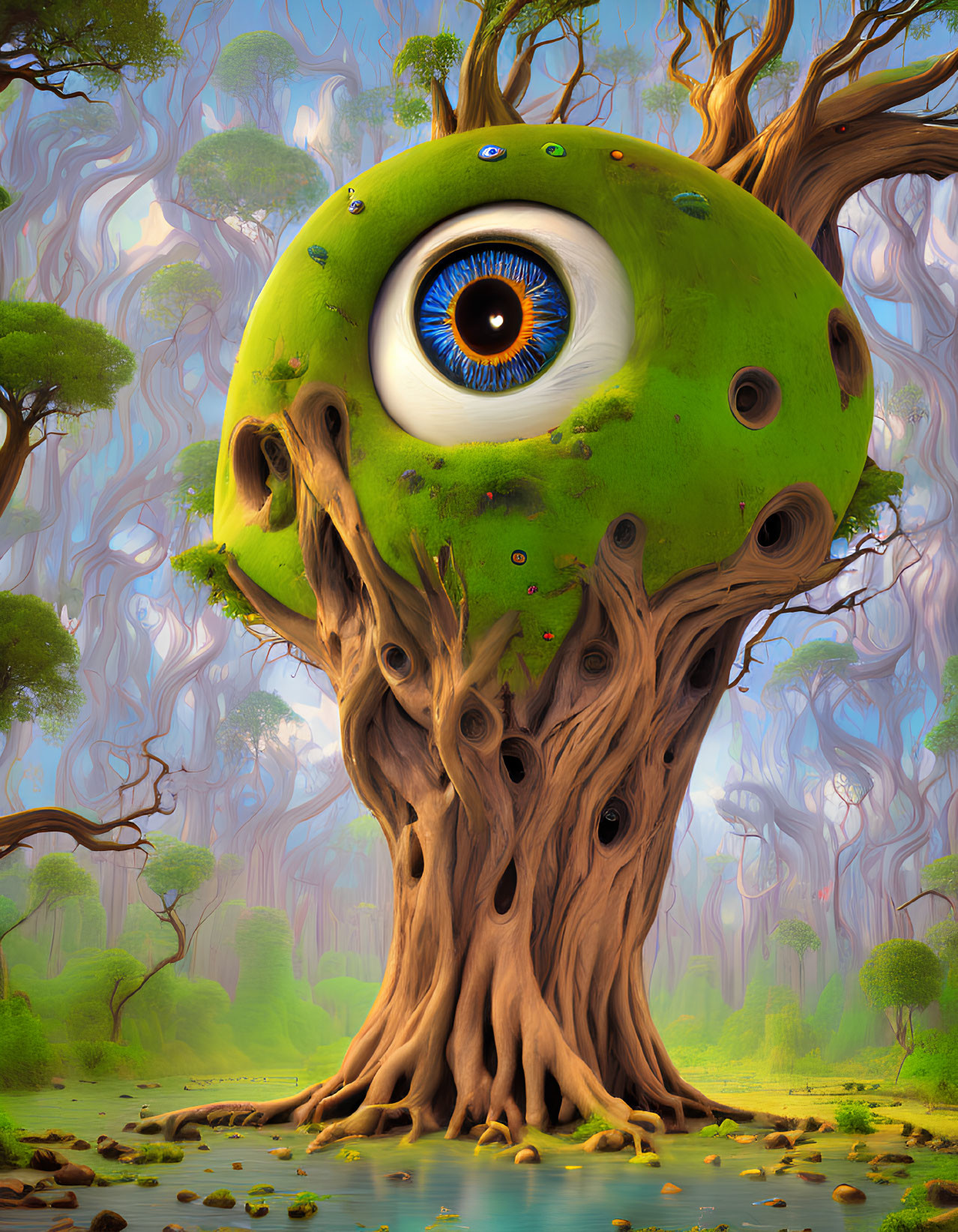 Fantastical tree with vivid blue eye in mystical forest