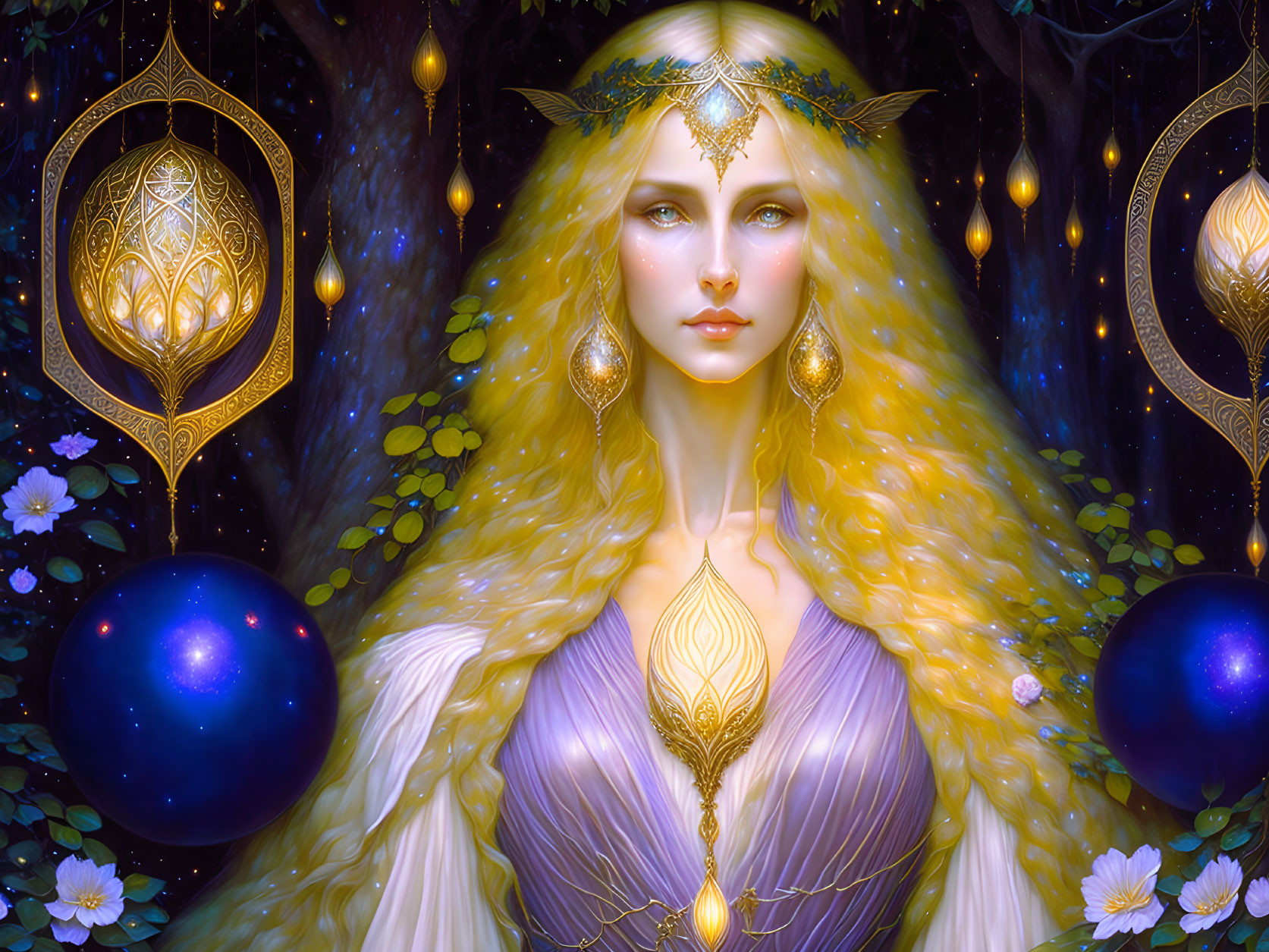 Blond-haired female figure in golden headpiece surrounded by lanterns and orbs in enchanted forest