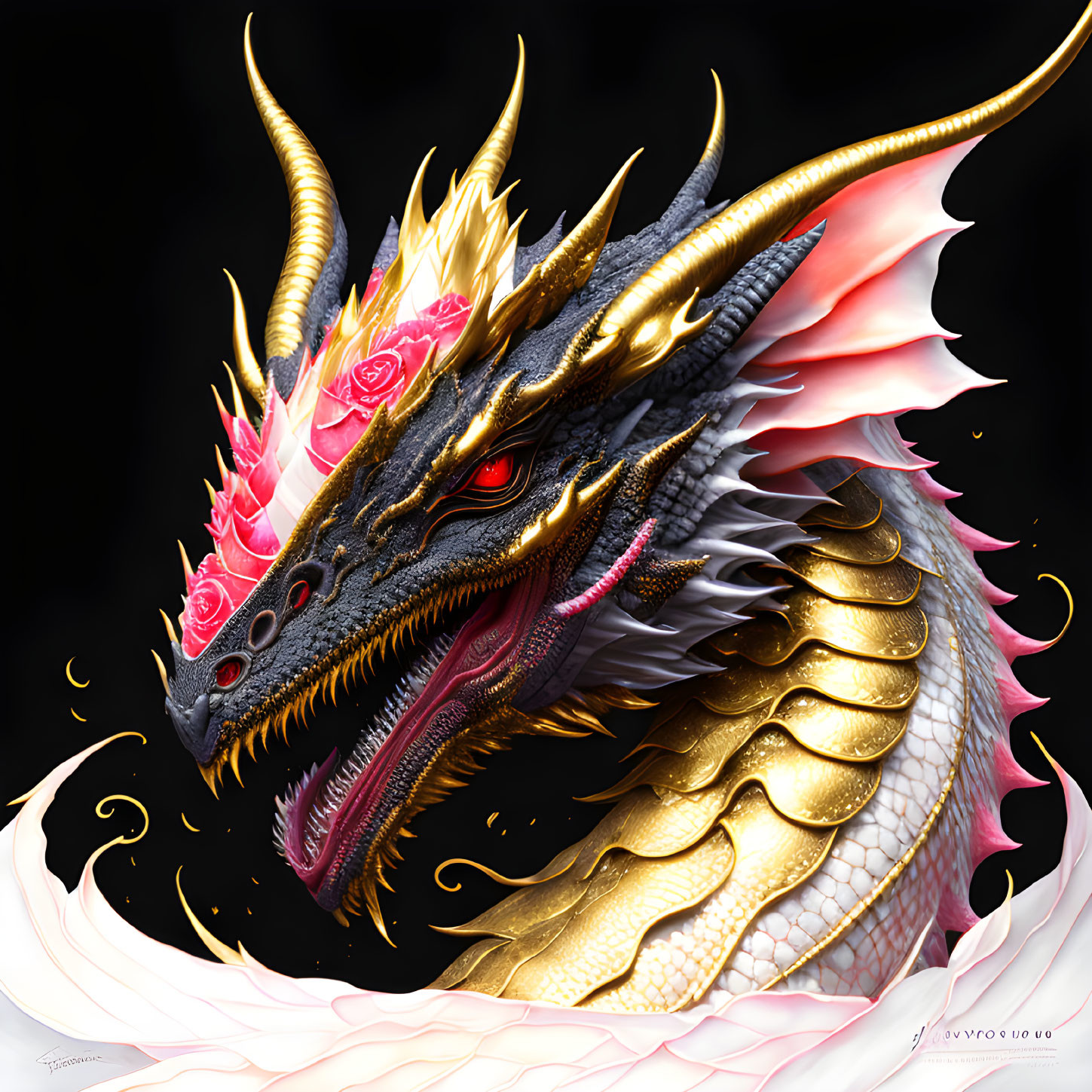 Golden dragon with horns and red eyes surrounded by pink flowers and white smoke