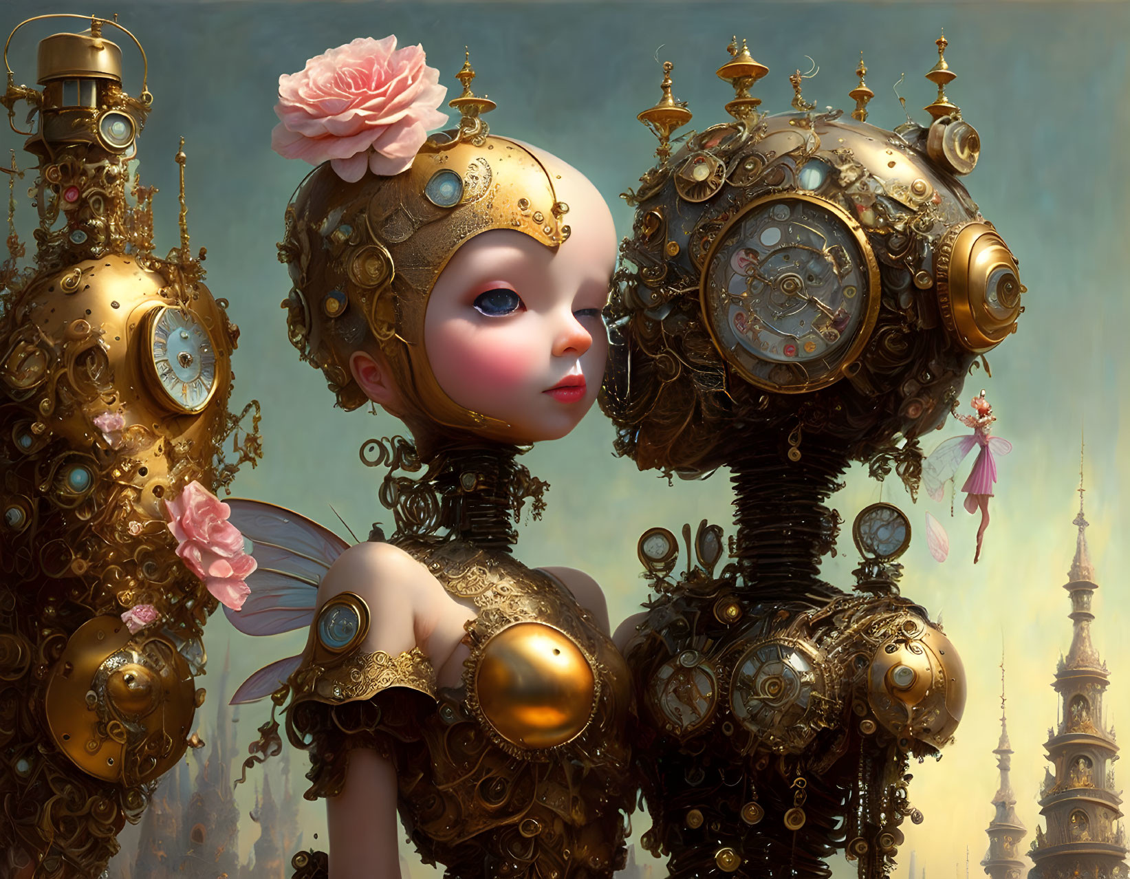 Steampunk-themed image with ornate mechanical figures and whimsical fairy creature