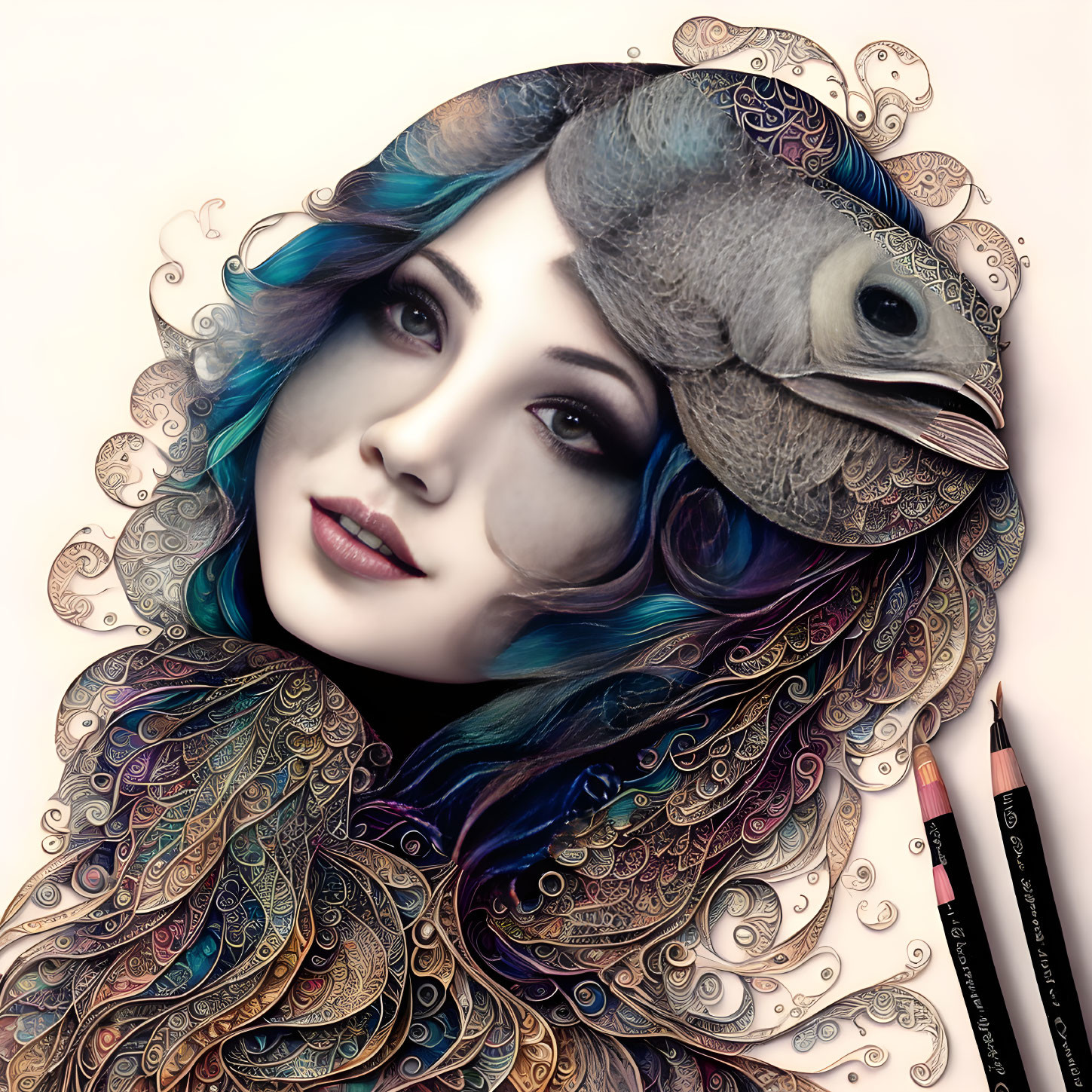 Woman's face merged with flowing hair and bird, featuring ornate patterns and pencils.