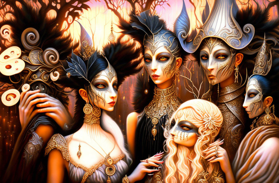 Colorful artwork featuring five stylized characters in elaborate masks and costumes.