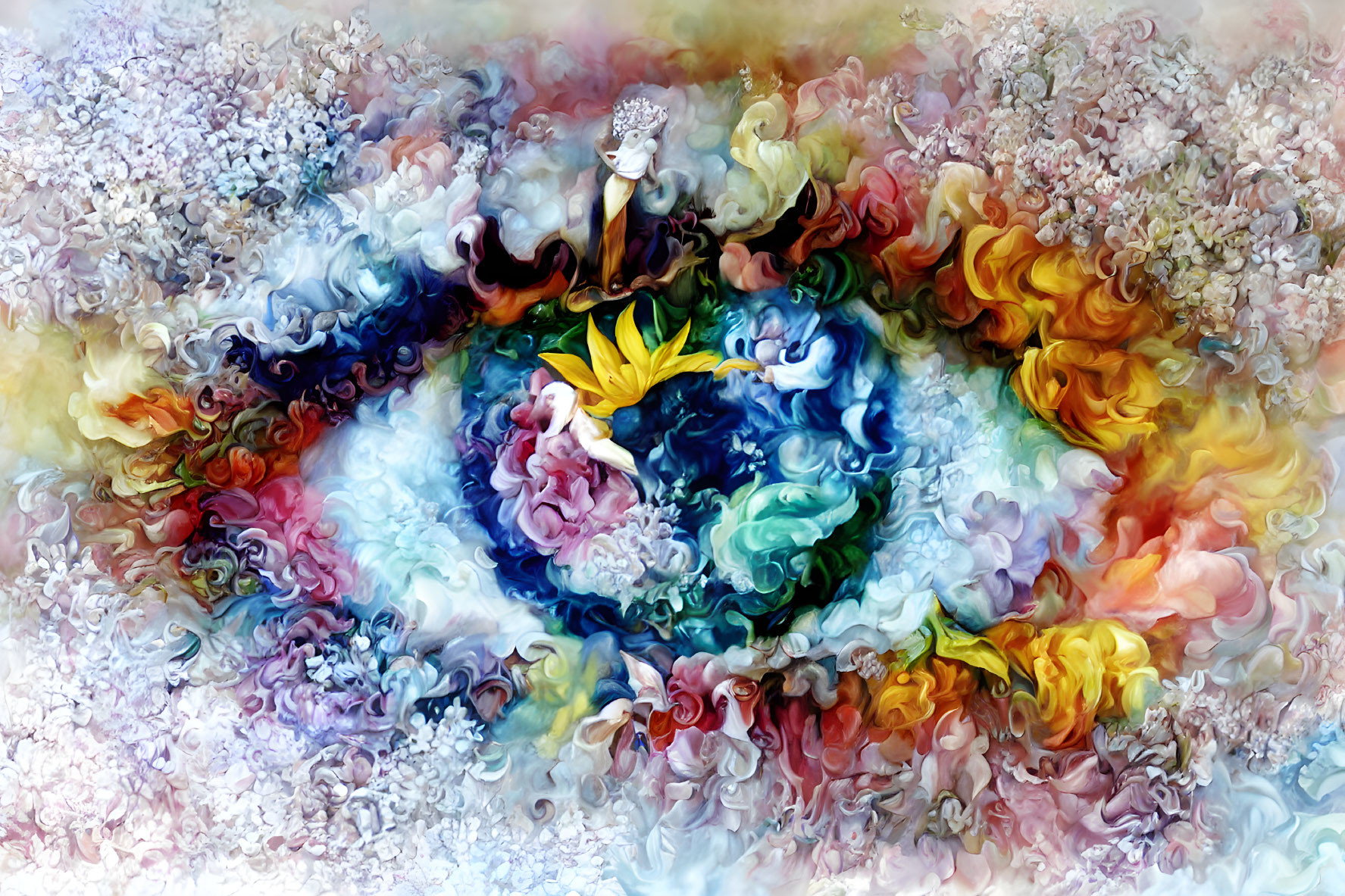 Colorful Abstract Art: Central Figure Surrounded by Swirling Floral Patterns