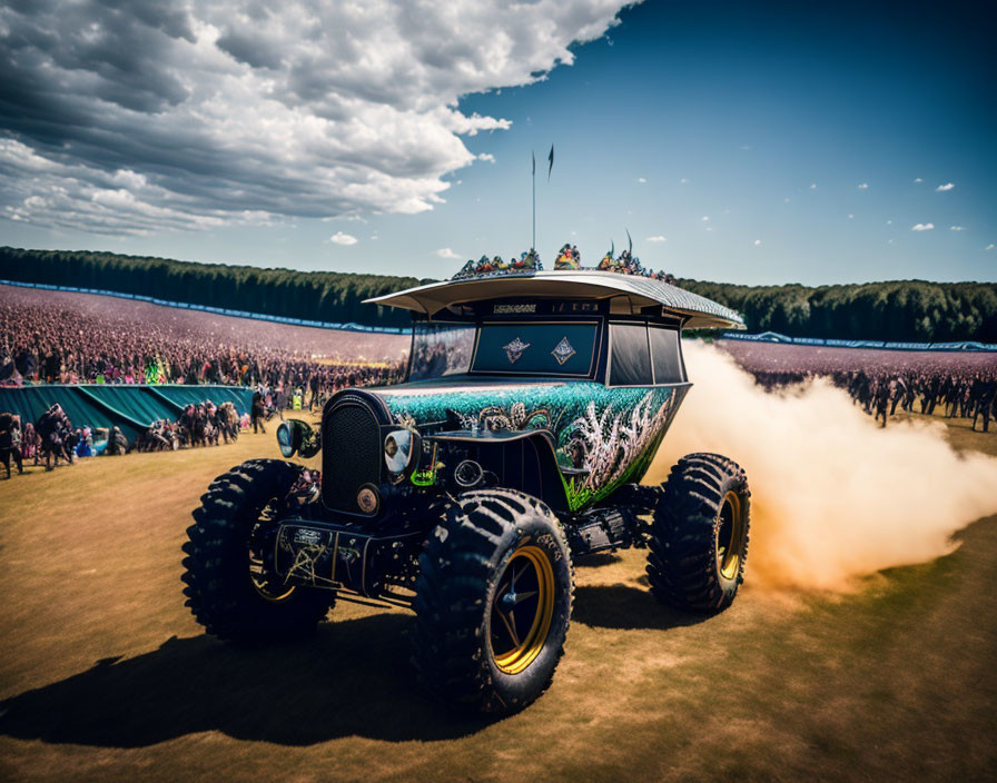 Vintage car with monster truck wheels drives through field with spectators under dramatic sky