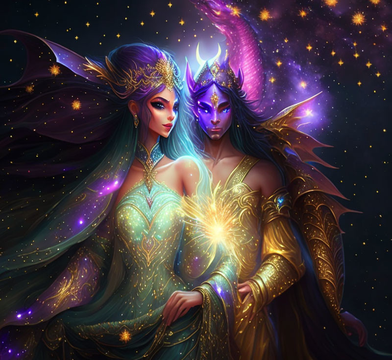 Majestic ethereal beings in glowing attire against cosmic backdrop