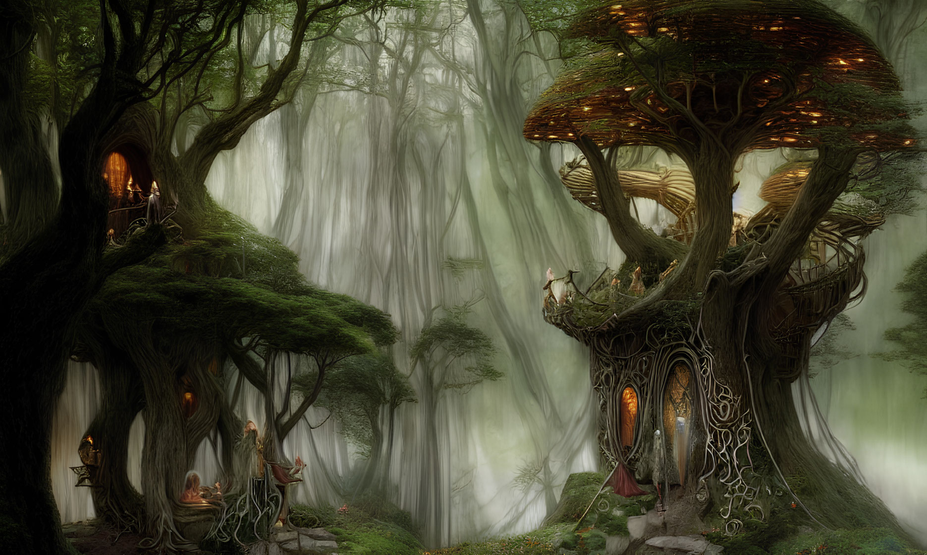 Enchanting forest scene with towering trees and intricate treehouses