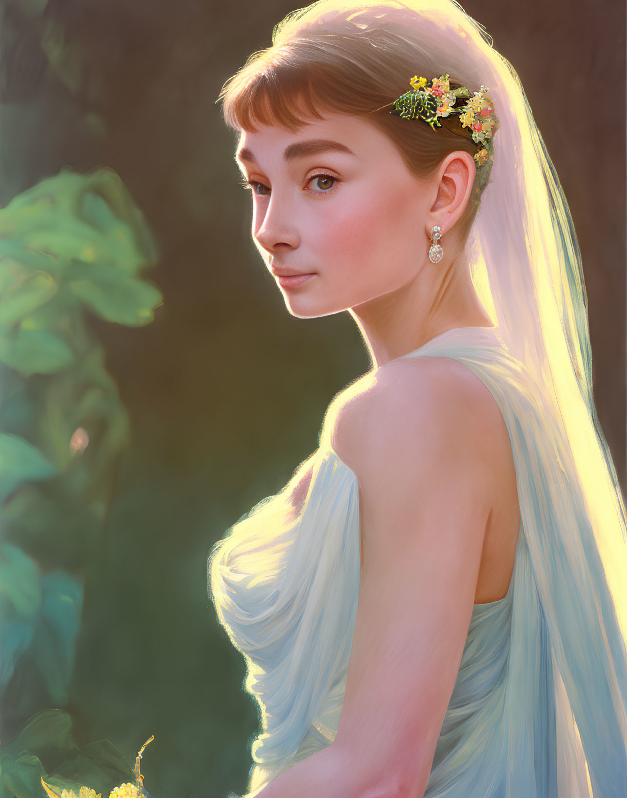 Woman in blue dress with flower-adorned veil in serene gaze in sunlit setting