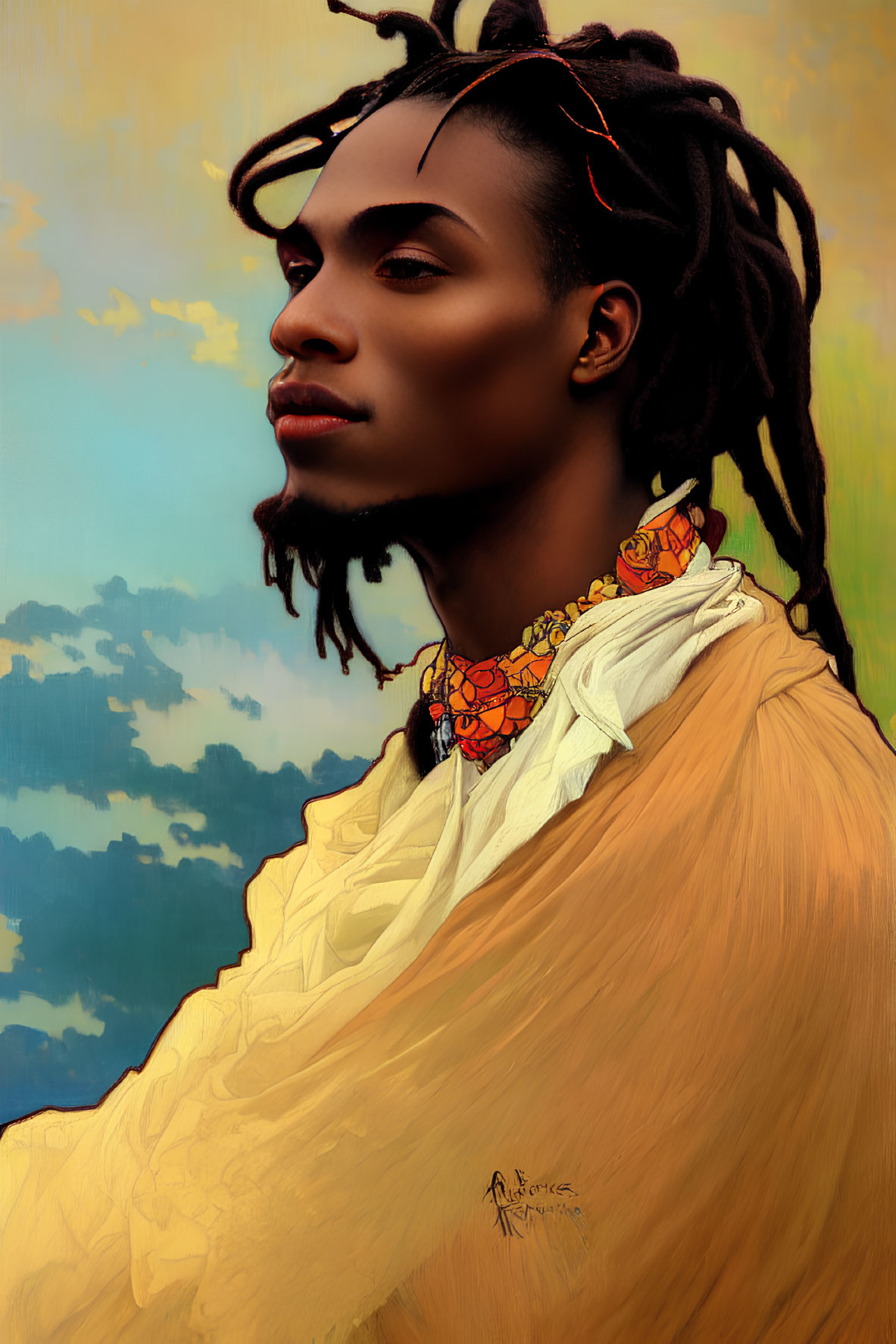 Portrait of a person with dreadlocks and tribal jewelry in yellow garment against blue sky