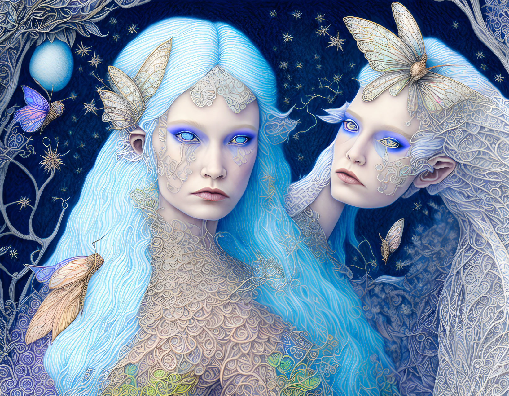 Ethereal blue-skinned figures with butterfly wings in mystical starry backdrop