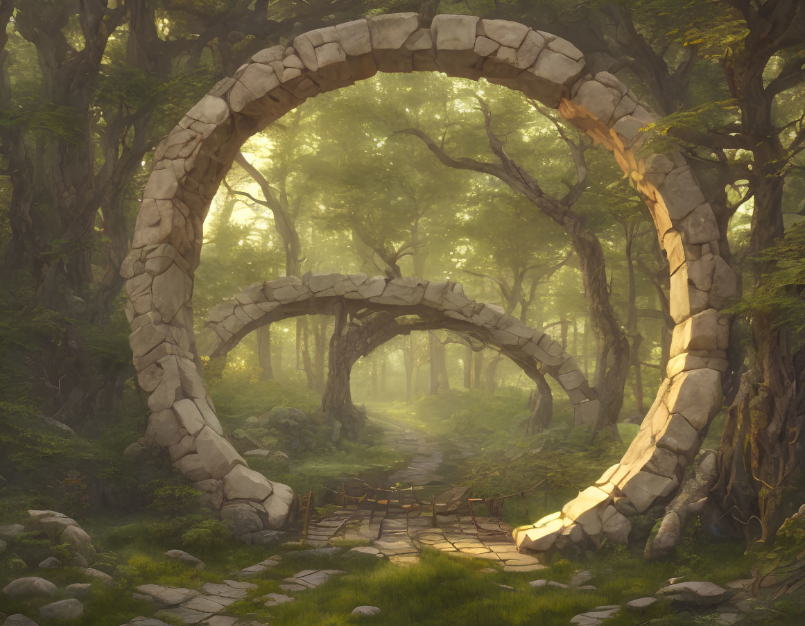 Mystical Stone Archway in Sunlit Forest Path