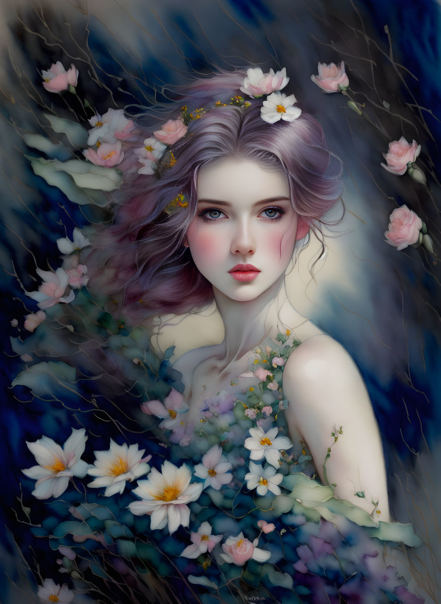 Woman portrait with pastel flowers, blue-gray eyes, and floral details on dark backdrop