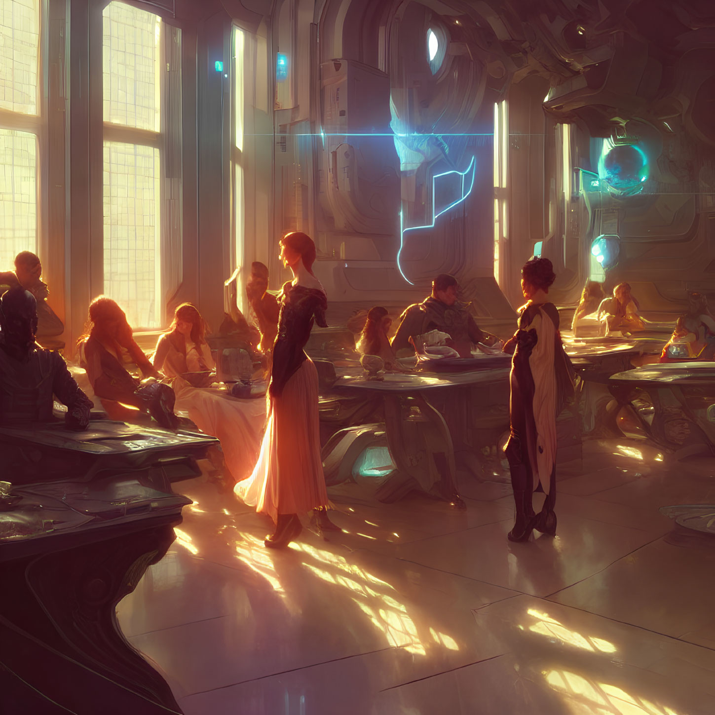 Futuristic golden-lit cafeteria with holographic screens and advanced technology