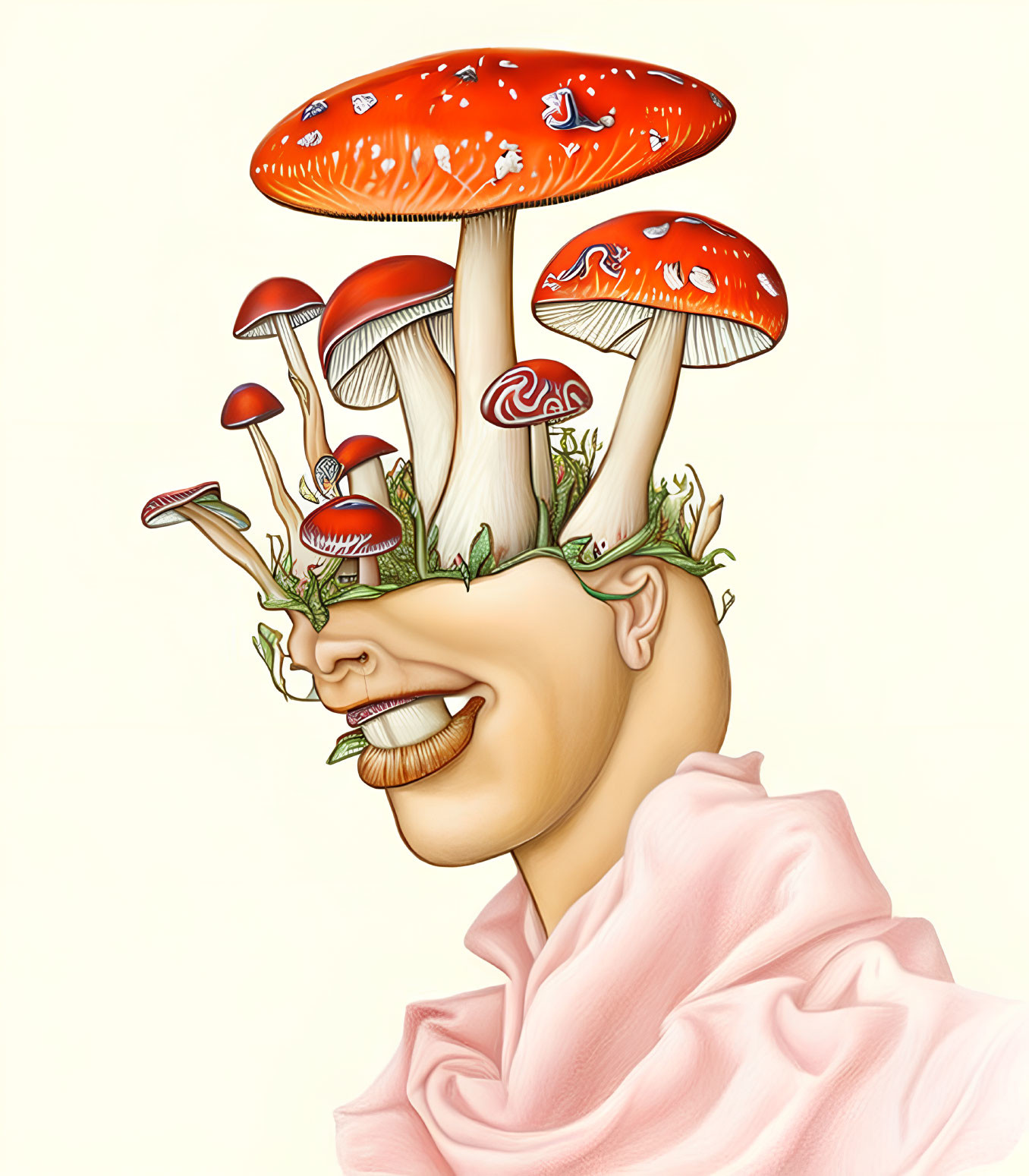 Surreal illustration of person's head with red and white mushrooms and green foliage