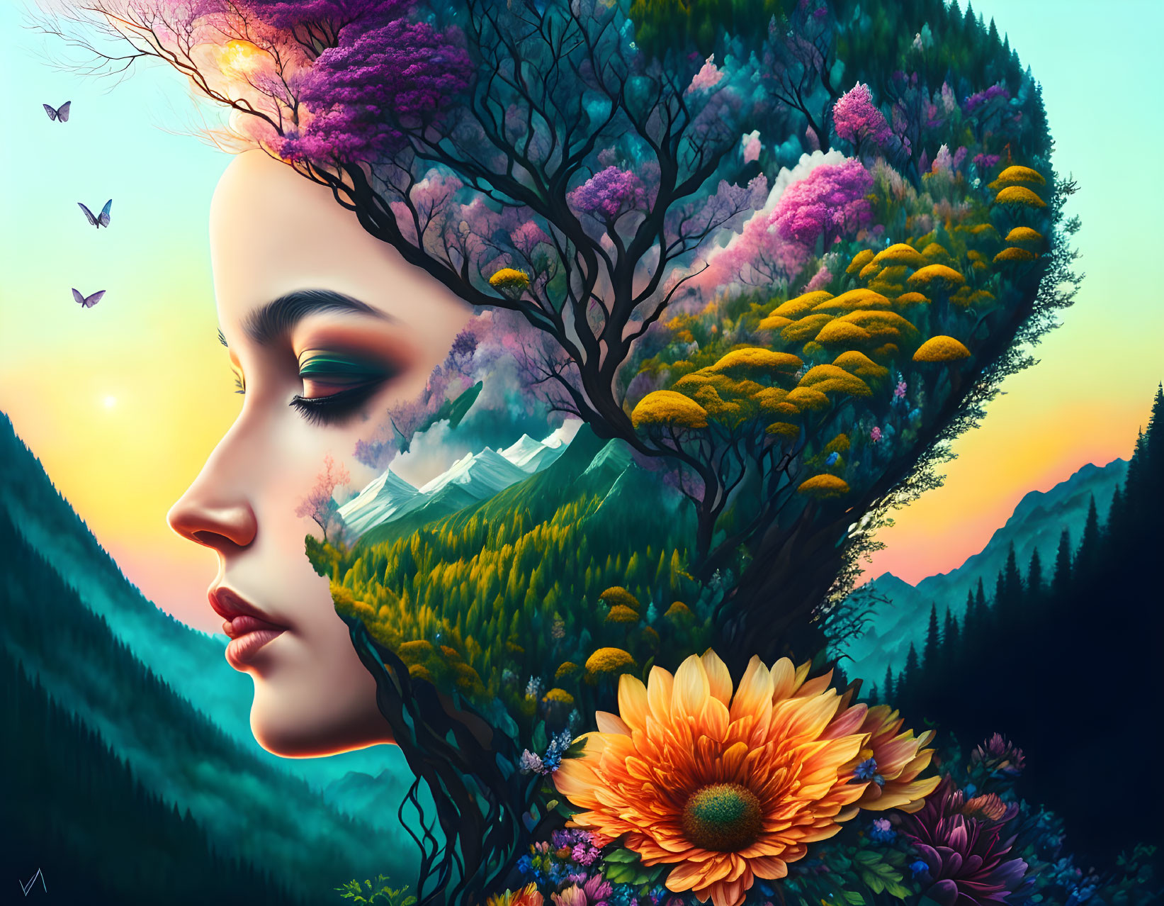 Surreal woman's profile with landscape hair and sunset background