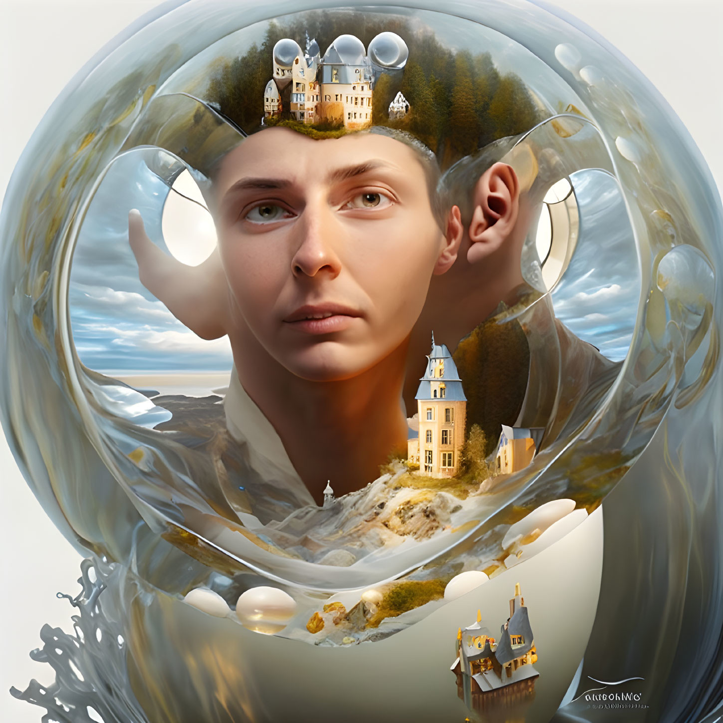 Young man's face in bubble with fantastical landscape portrait.