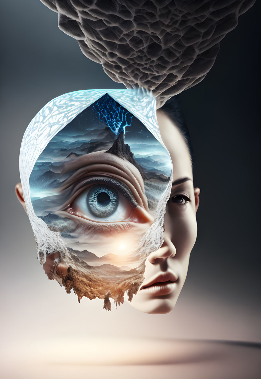 Surreal image: woman's face reveals landscape with eye