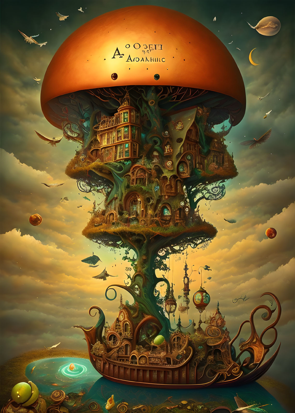 Surreal artwork: Mushroom tower with houses, ship-like structure, dreamlike sky