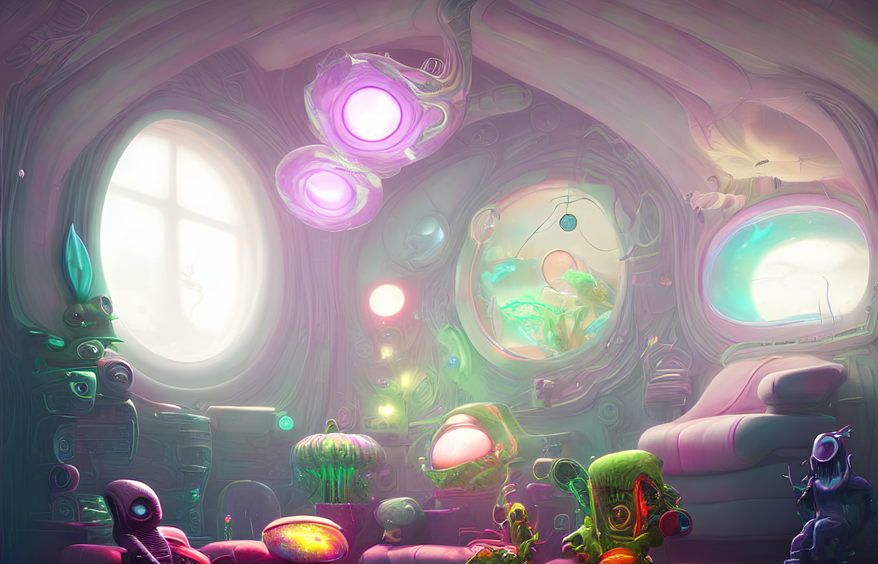 Vibrant surreal interior with glowing orbs, alien plants, and whimsical technology