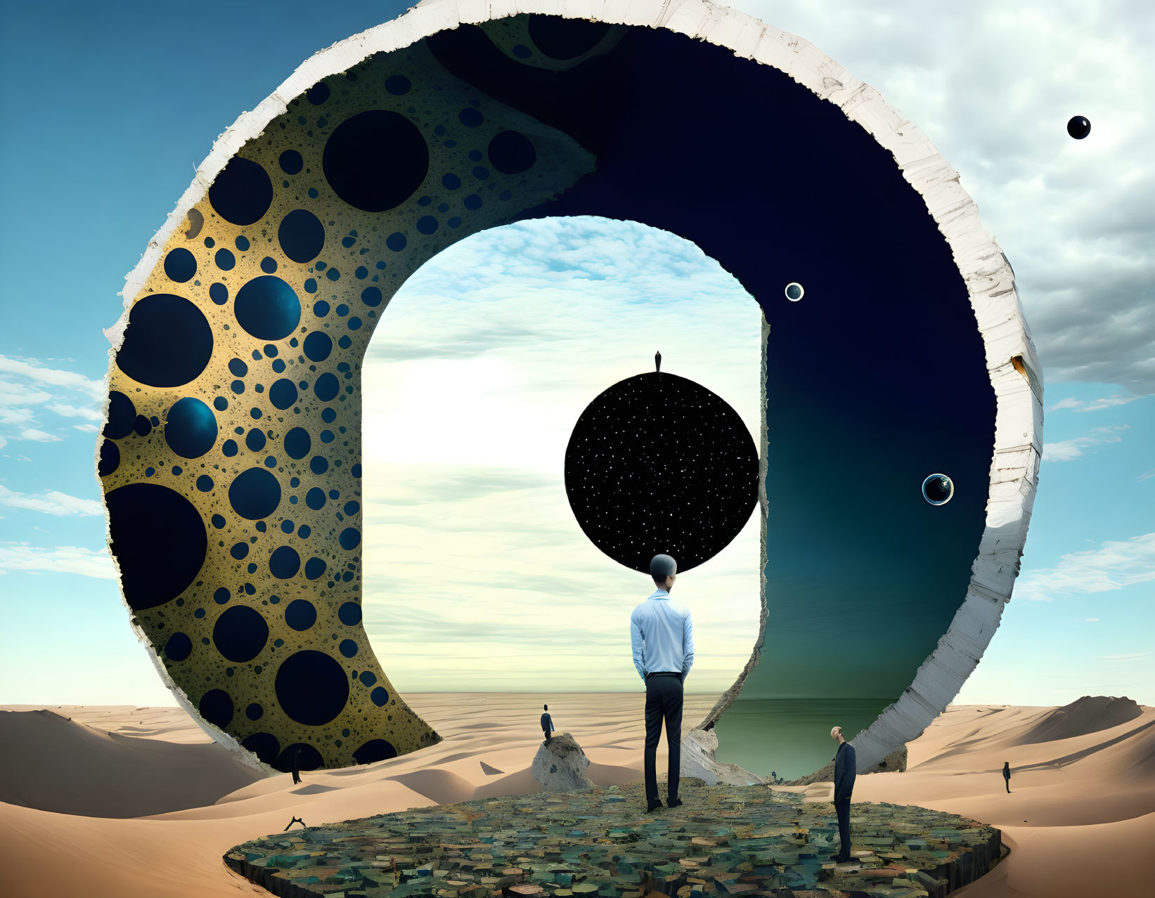 Gigantic Crescent-shaped Structure with Celestial Bodies in Surreal Desert Landscape