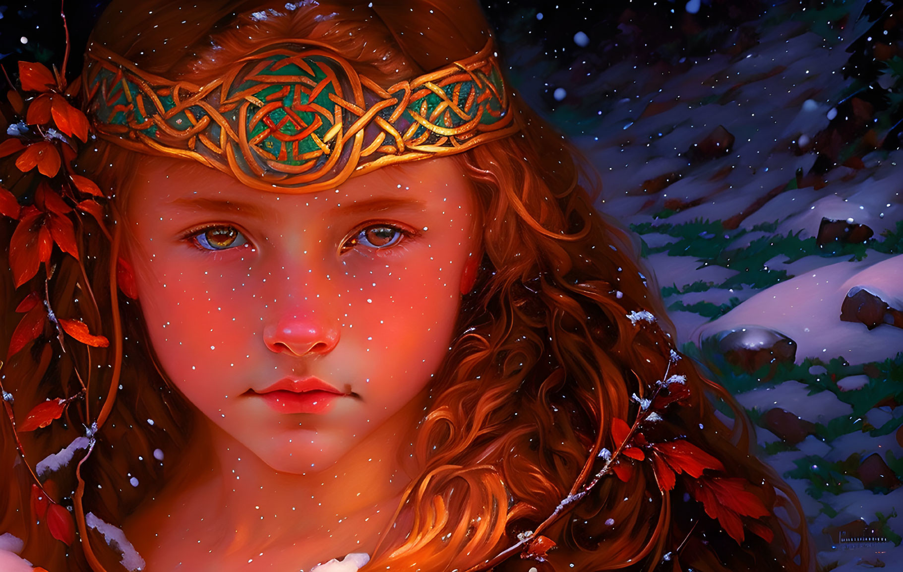 Digital artwork: Young girl with red hair and green eyes in Celtic headband, surrounded by snowfl