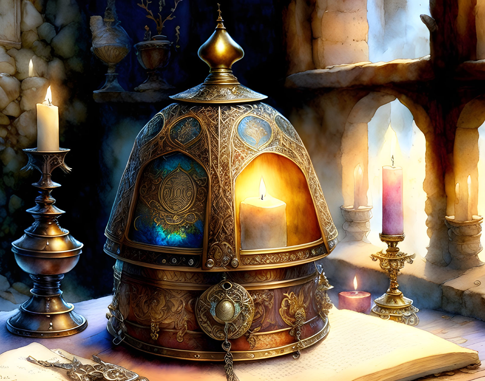 Golden Dome Candle Holder with Illuminated Manuscripts on Desk