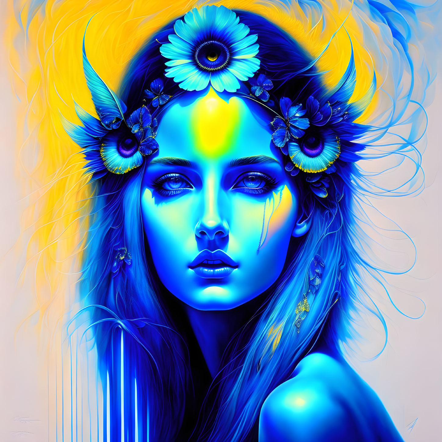 Colorful digital portrait of a woman with blue tones and yellow highlights, featuring feathers and flowers.