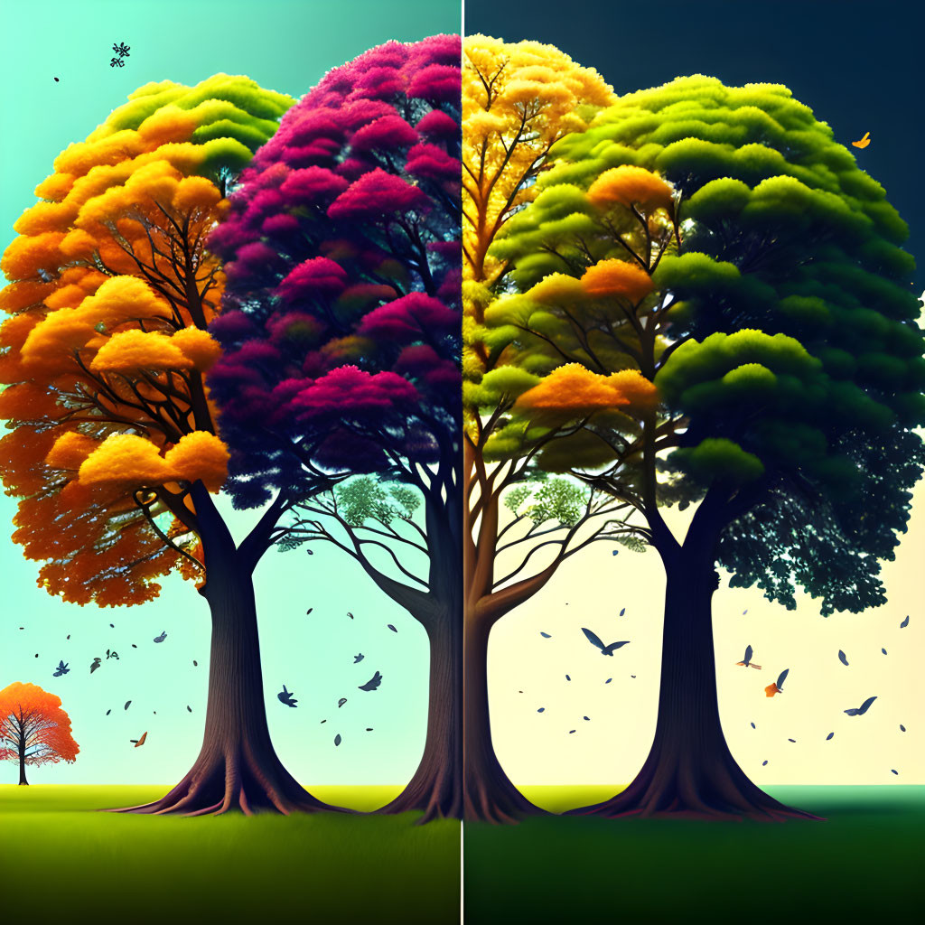 Split-image of vibrant trees in different seasons with birds flying.