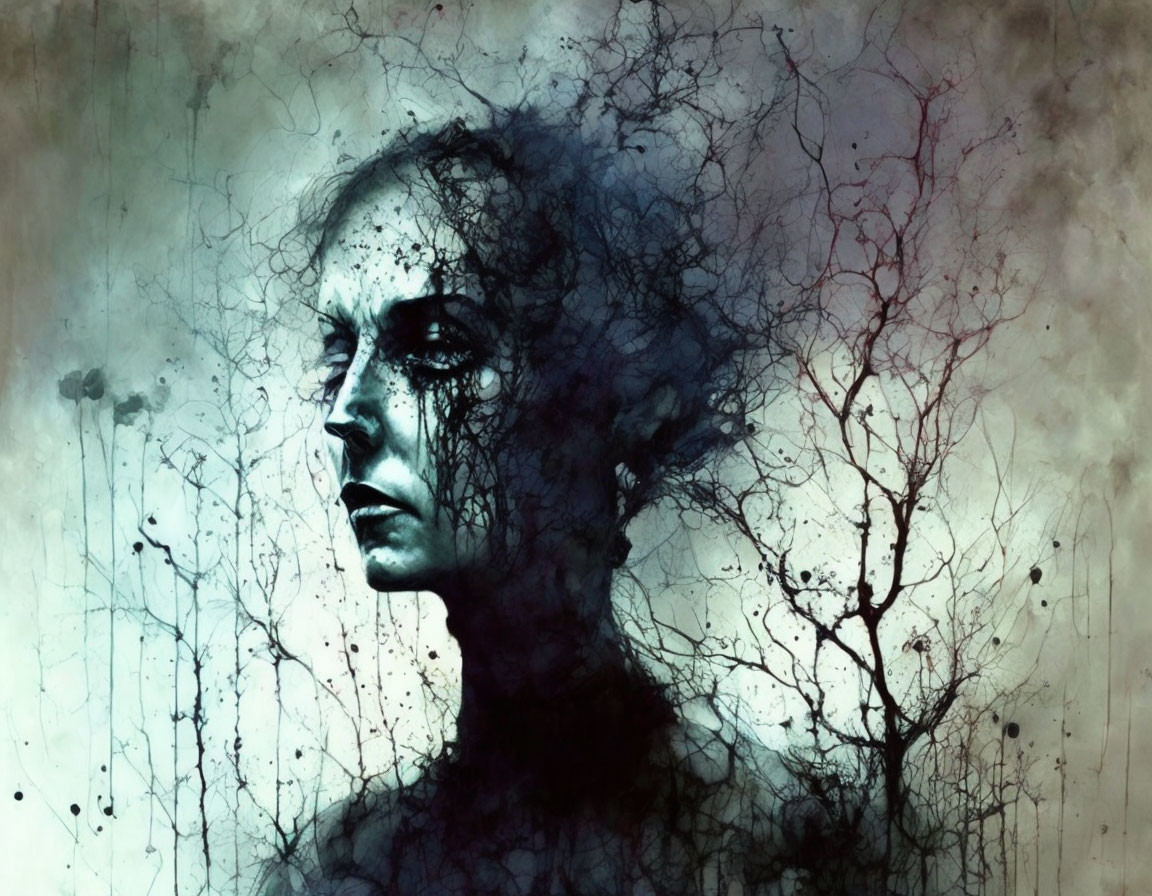 Mystical portrait of woman's profile with dark, tree-like shapes and splattered ink