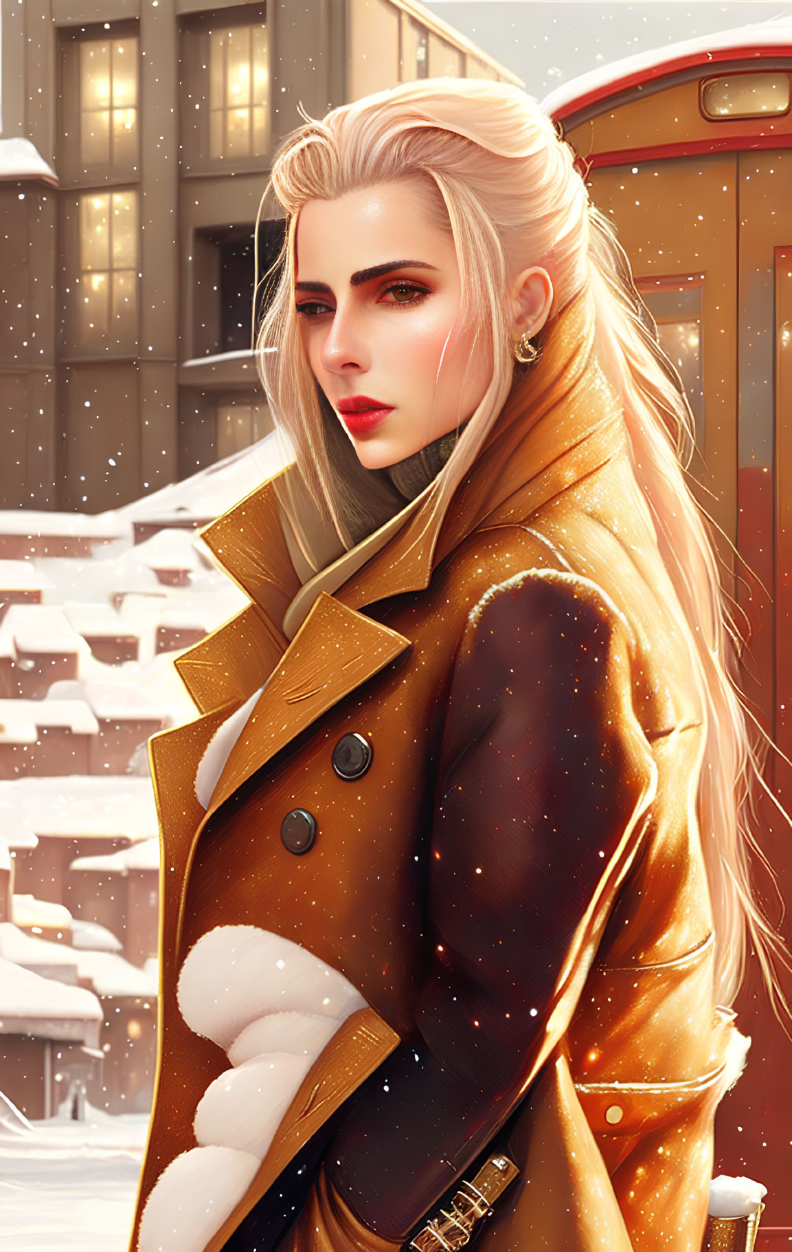 Illustration of woman with platinum blond hair in tan coat and red lipstick in snowy cityscape.