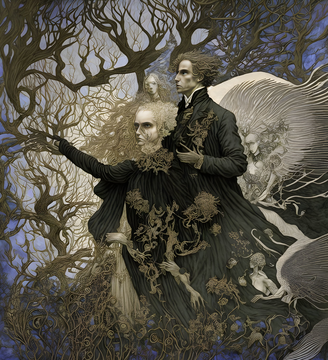 Detailed Victorian couple with wings in ethereal scene.