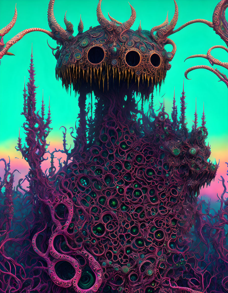 Vibrant surreal landscape with organic, multi-eyed entity