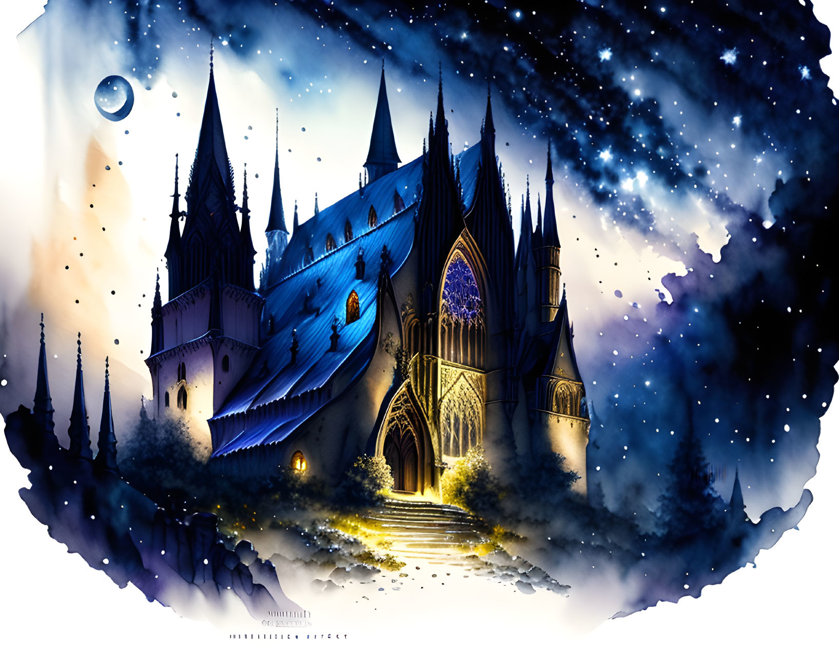 Gothic castle at night with star-filled sky and crescent moon