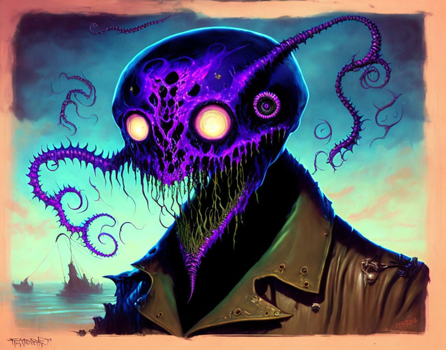 Cosmic octopus entity with glowing eyes and tentacles in a jacket on nautical backdrop