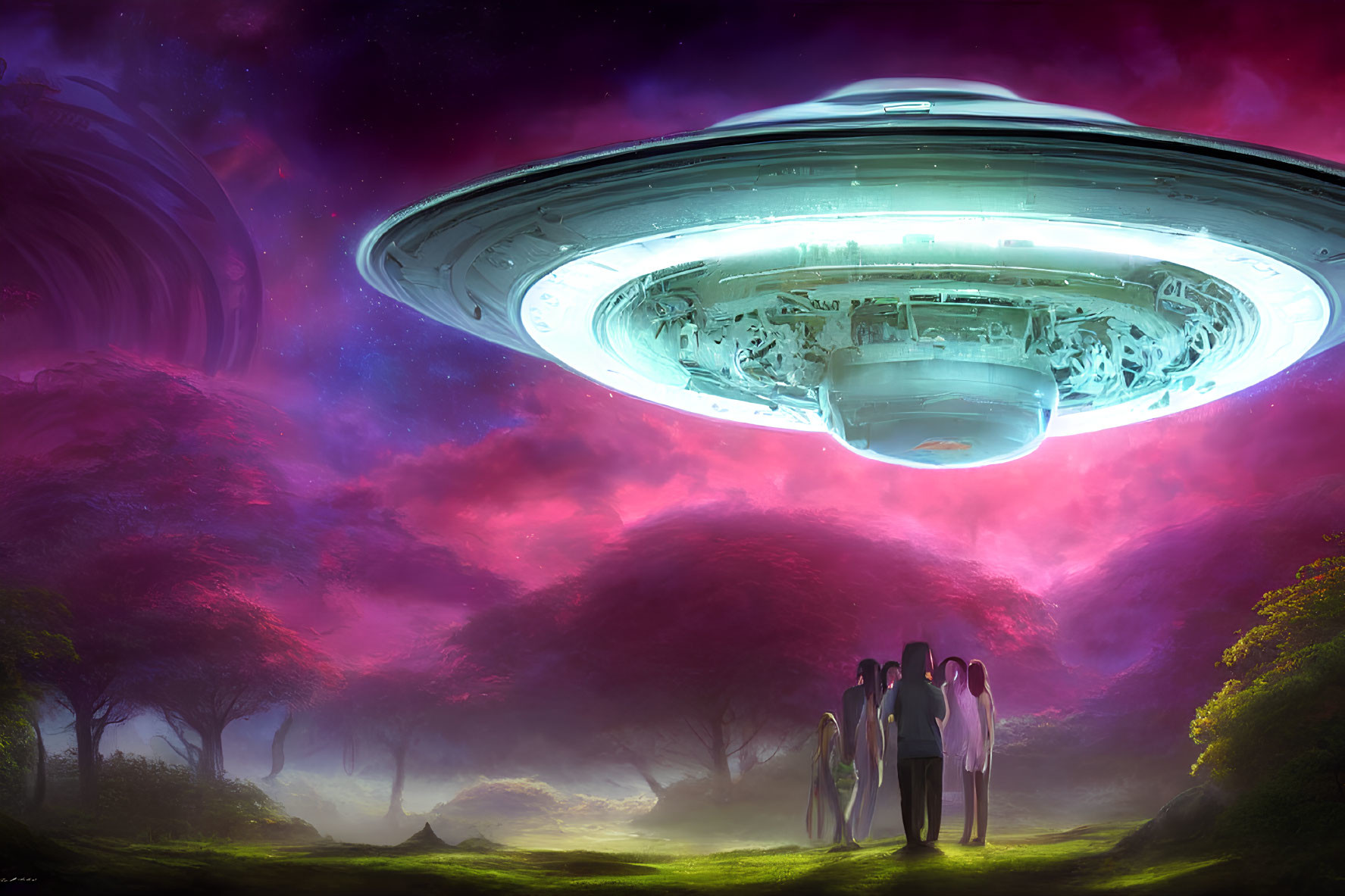 Group of people observing large UFO in mystical landscape