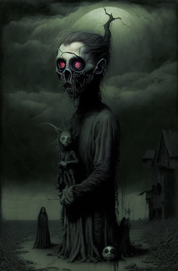 Sinister dark artwork: skeletal figure with glowing red eyes, strange creature, stormy clouds, fore