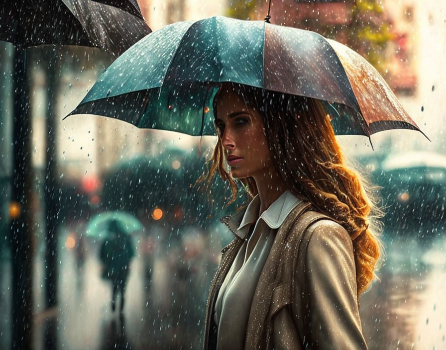 Woman under striped umbrella in rain with city lights - contemplative scene