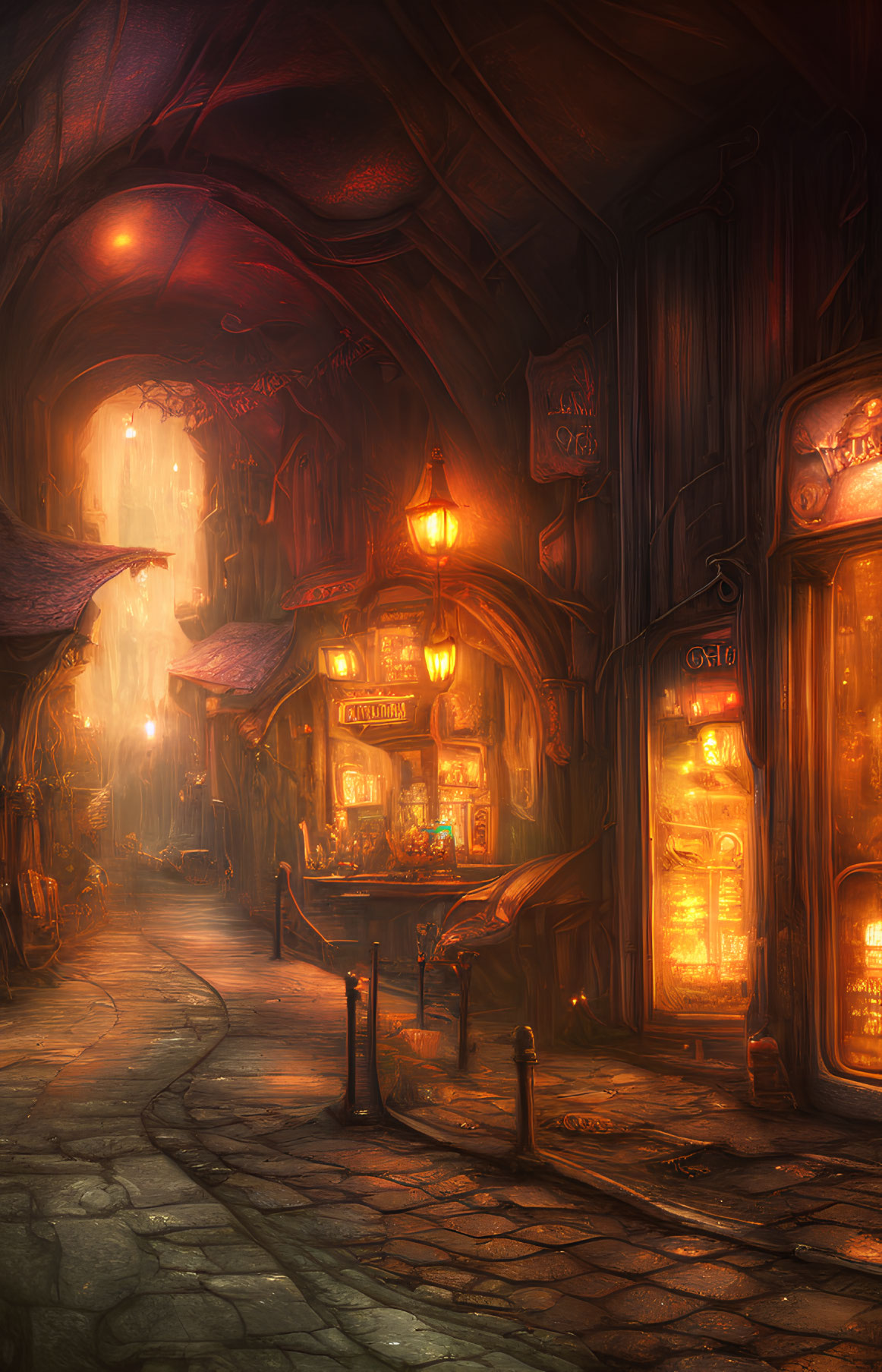 Fantasy Alleyway with Glowing Lanterns and Ornate Doors