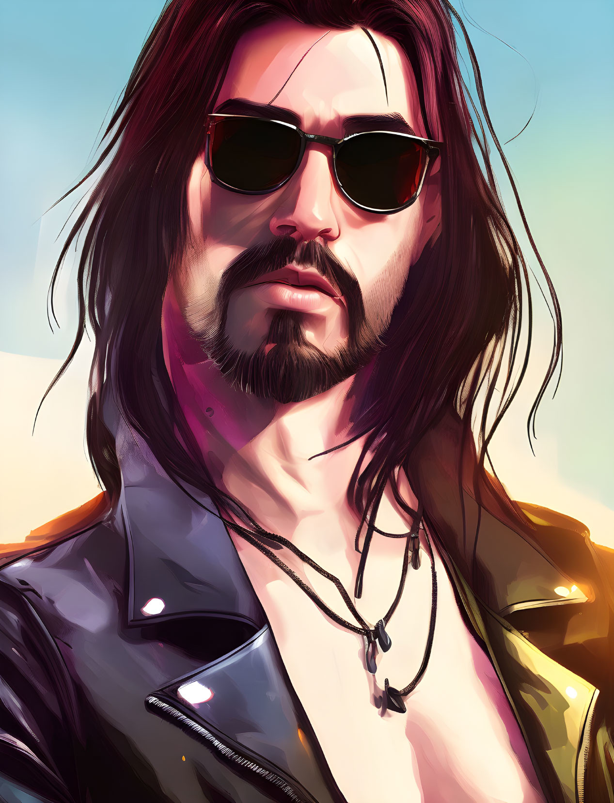 Stylish man with long hair, sunglasses, and leather jacket