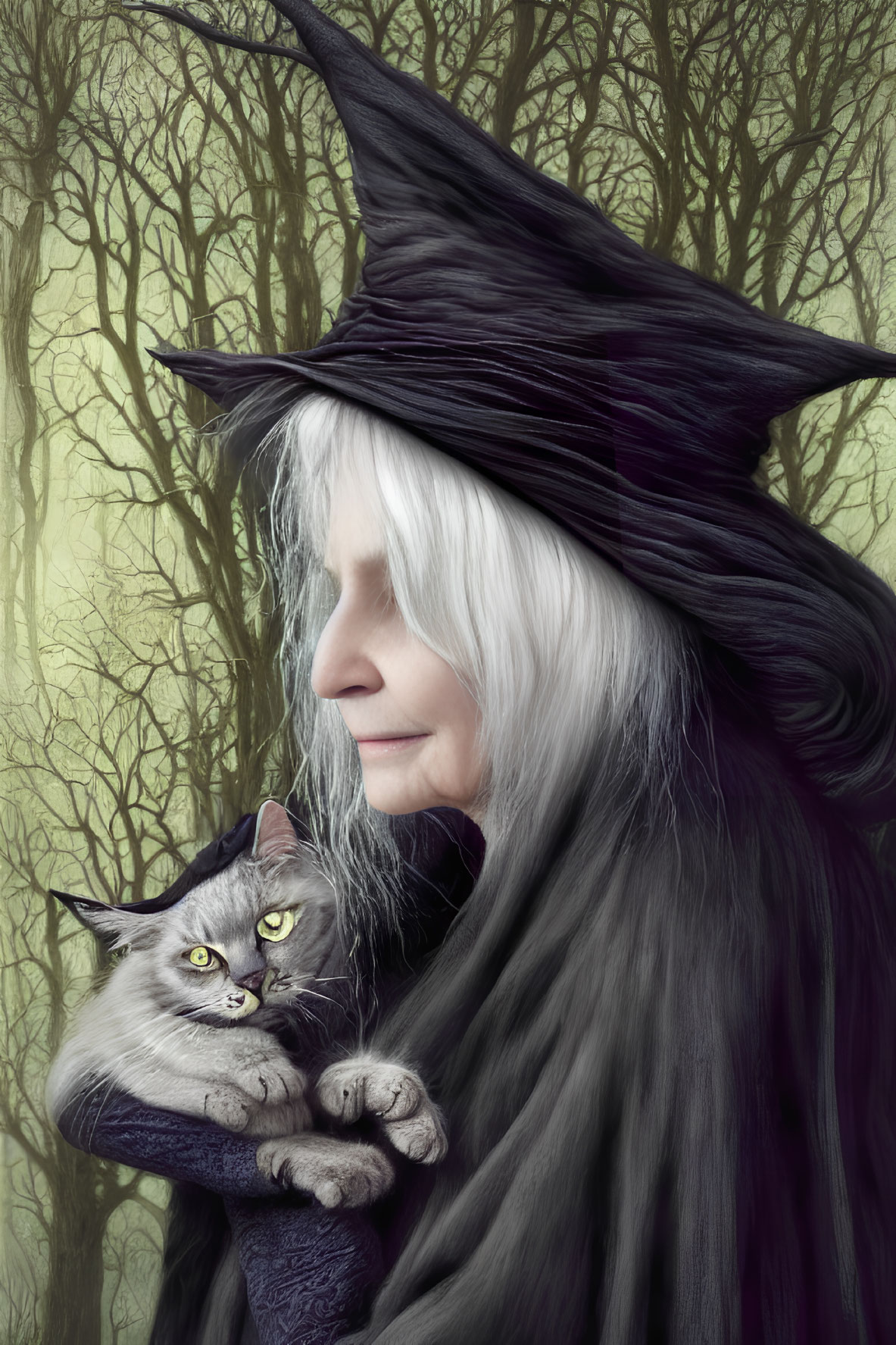 Elderly witch with white hair and black hat holding gray cat in spooky forest setting