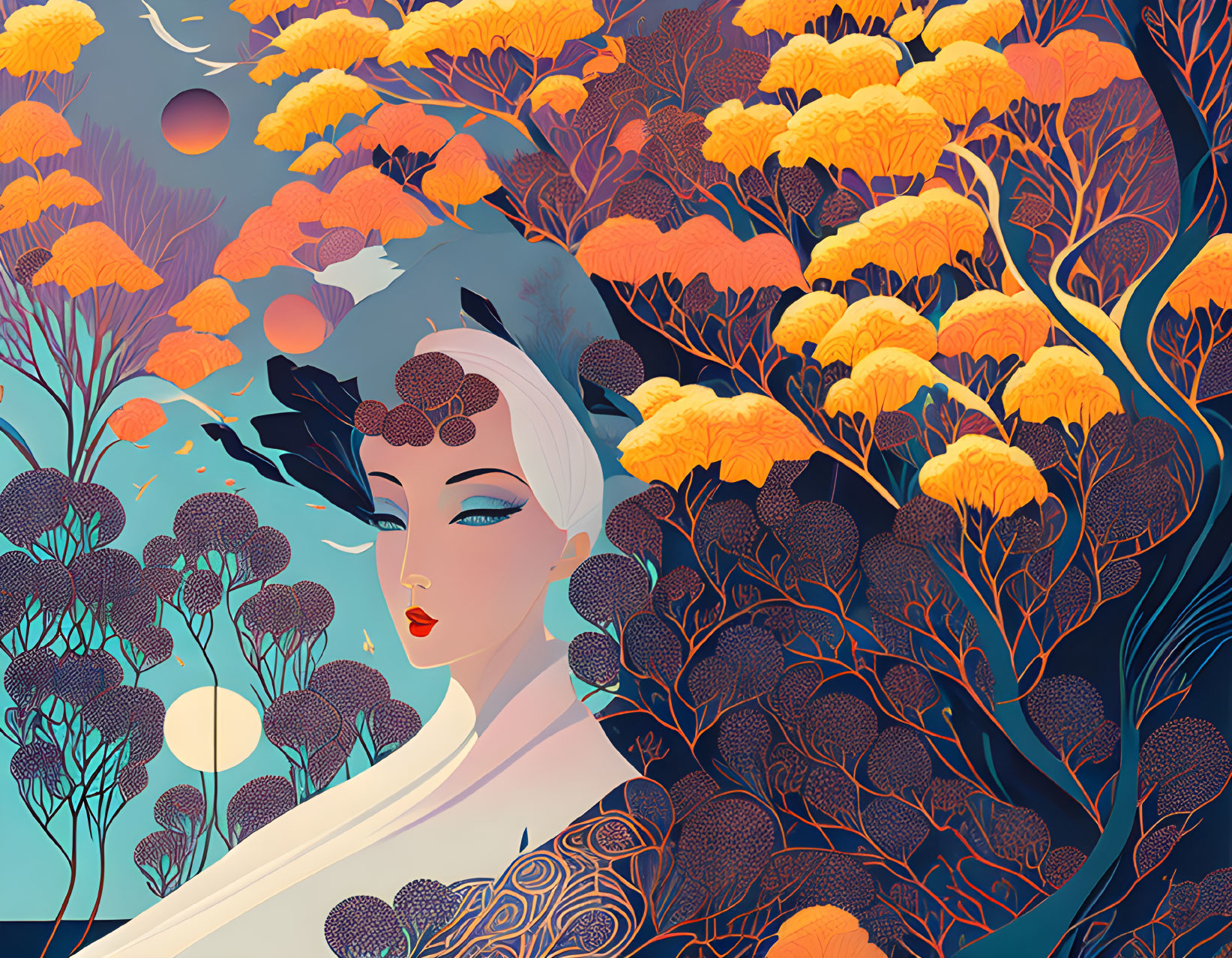 Stylized woman with blue hair in surreal forest with moons