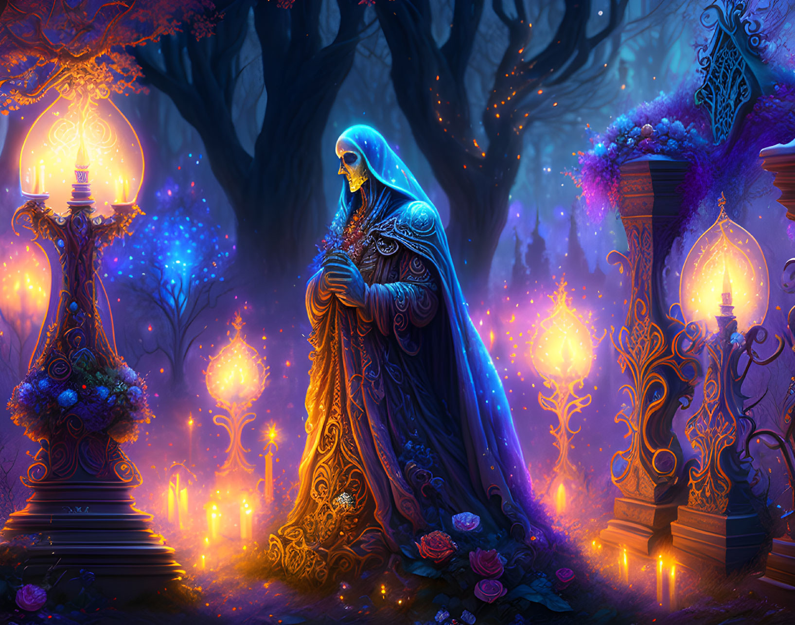 Mystical figure in cloaked gown surrounded by lanterns and candles in enchanted forest