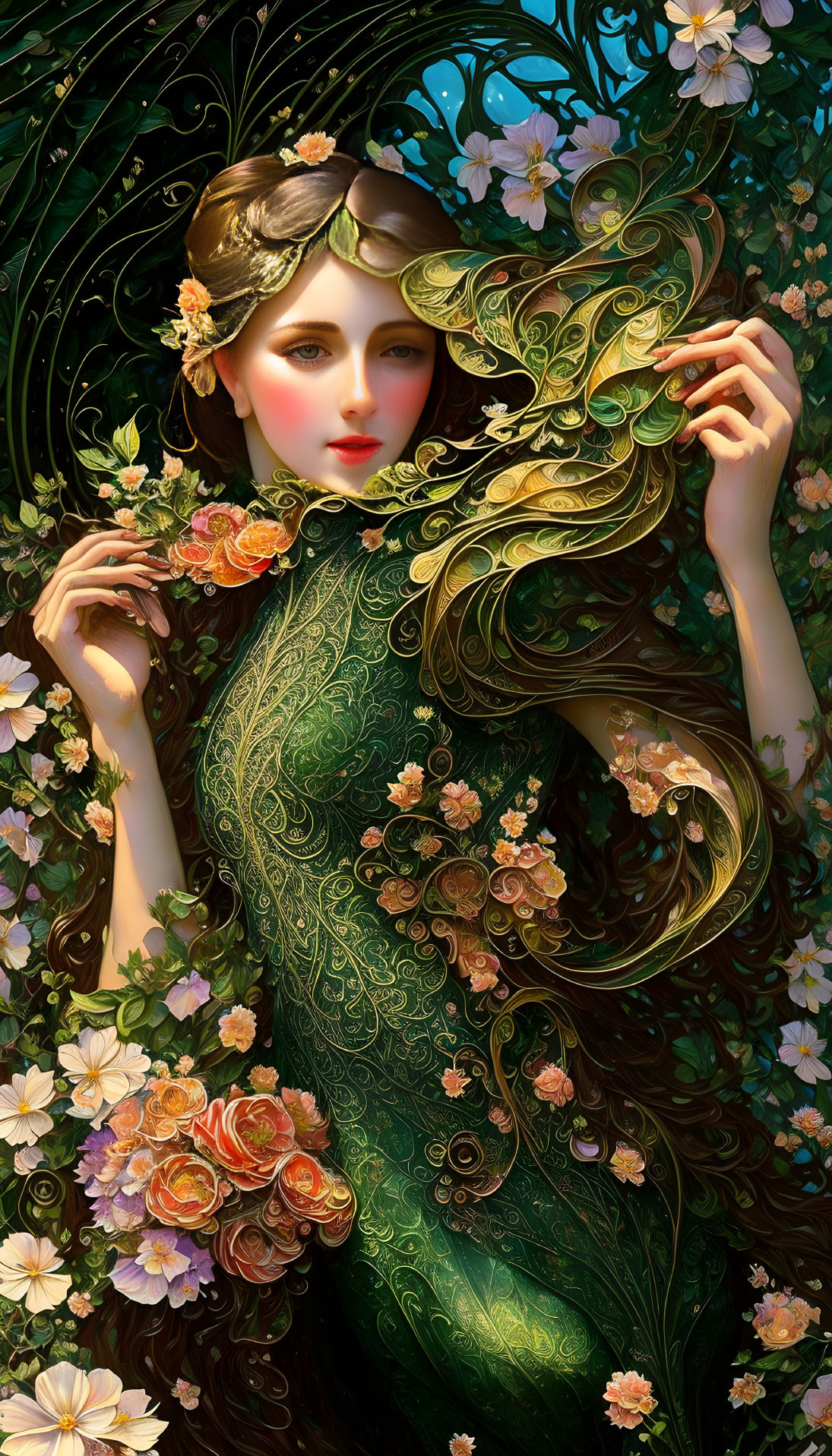 Stylized artwork of woman with flowing floral hair and garment surrounded by vibrant blossoms