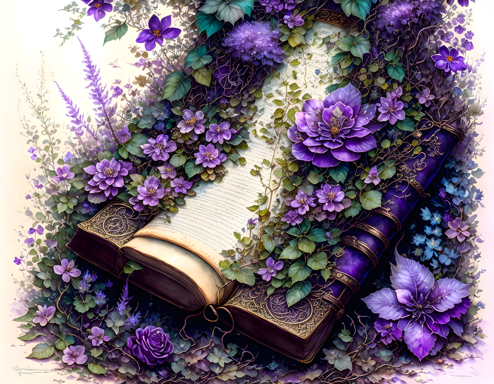 Ornate open book surrounded by purple and blue flowers in a fantasy setting