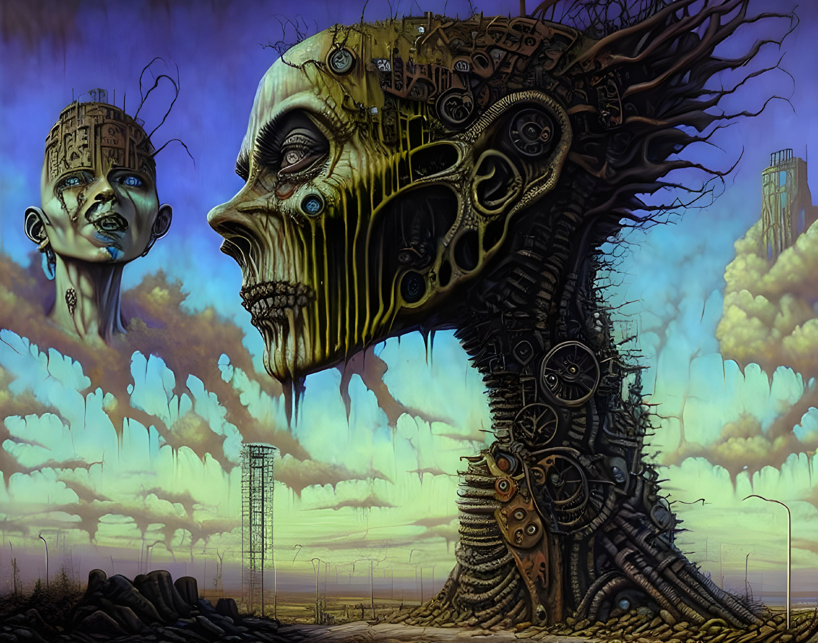 Surreal artwork: Mechanical skull structure with humanoid figure in dystopian setting