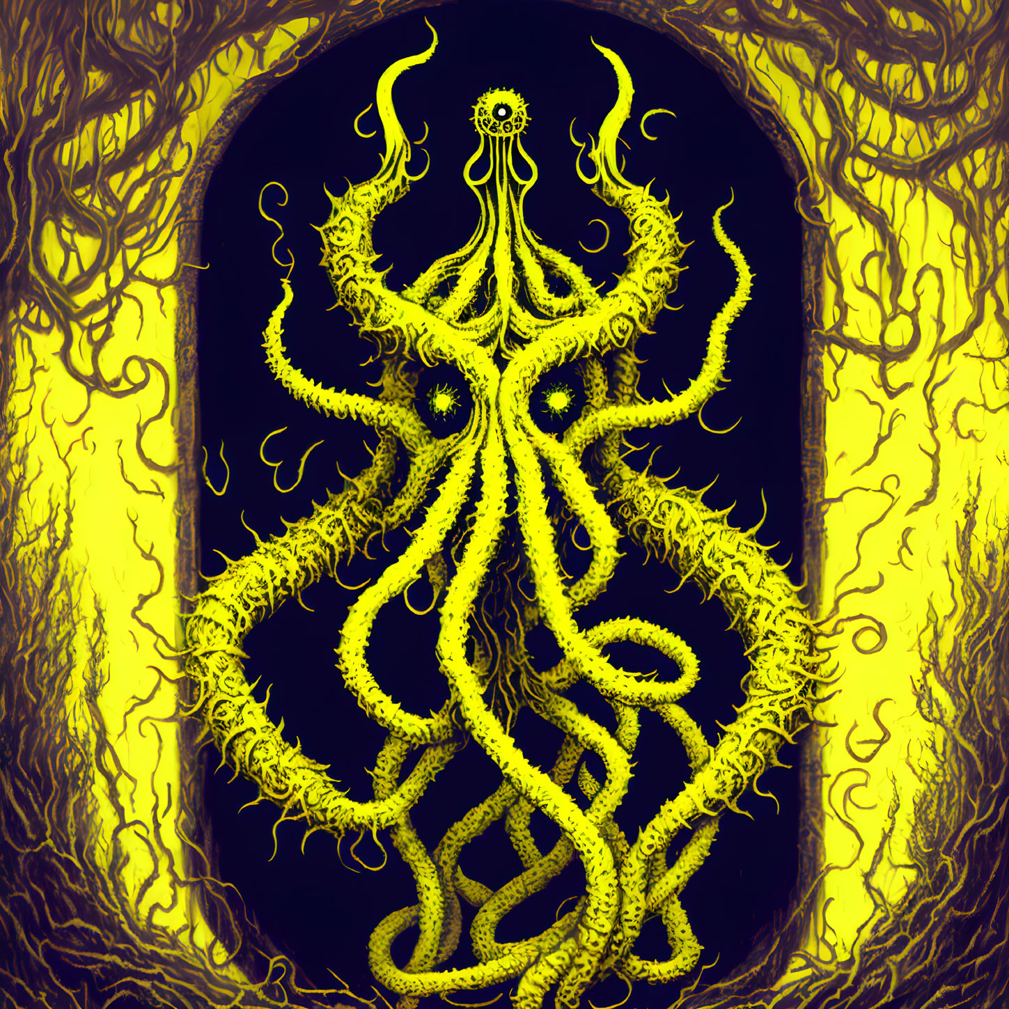 Detailed glowing yellow octopus-like creature in dark archway with twisting branches