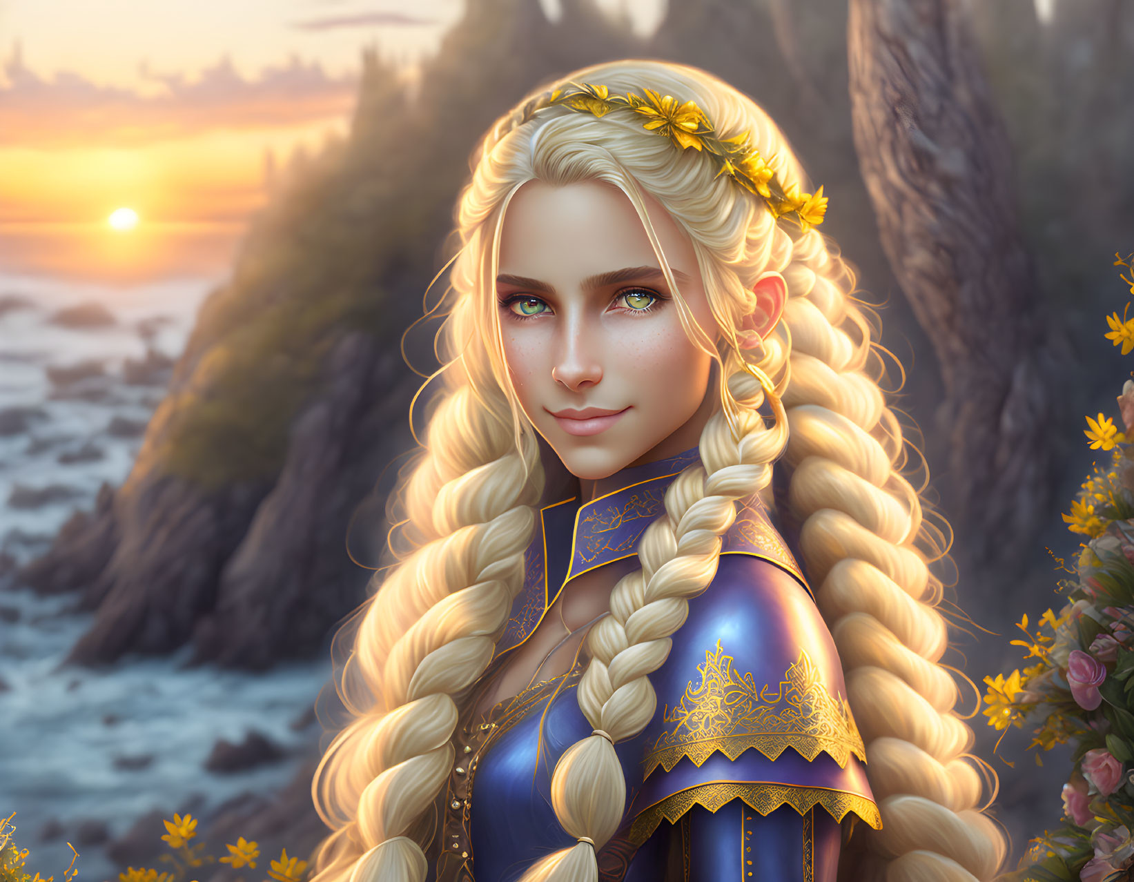 Fantasy female character with braided blonde hair in coastal sunset scene