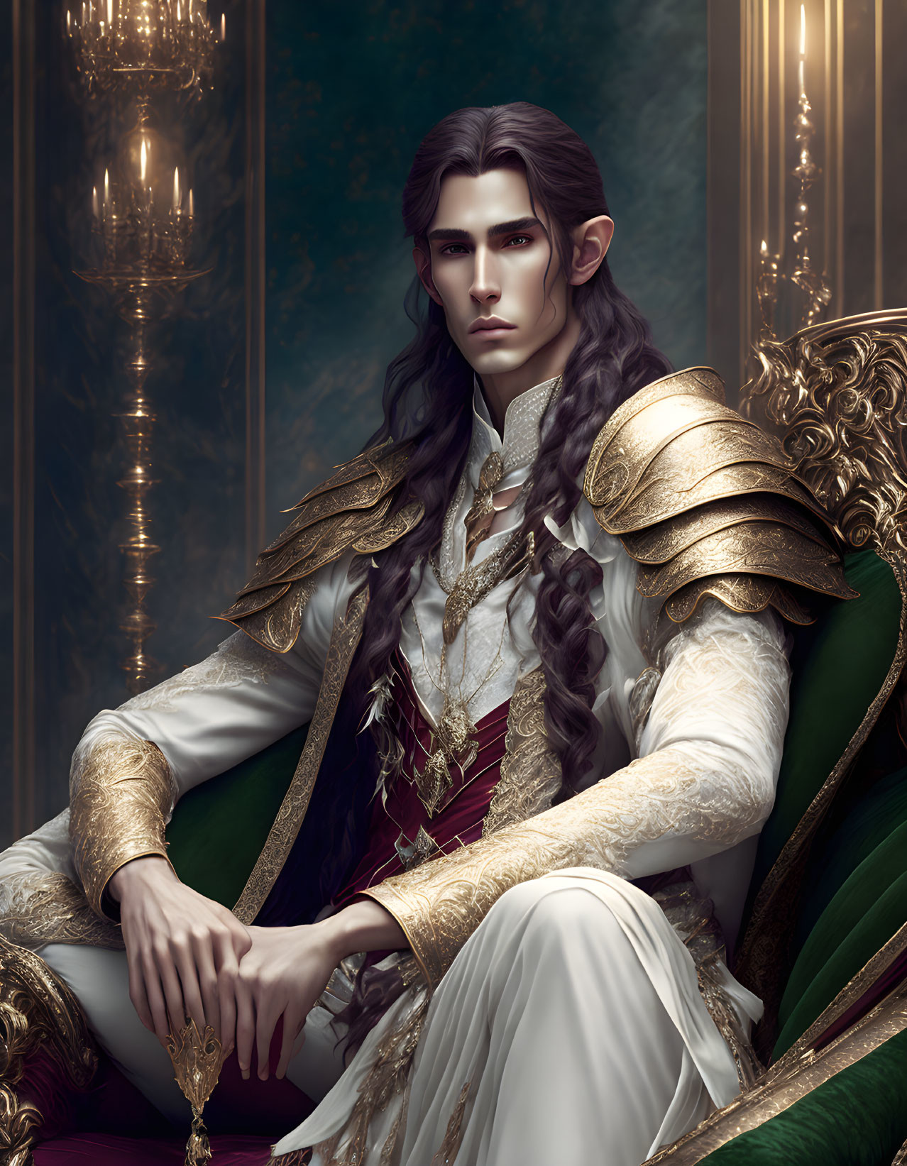 Regal elf in golden armor on throne with long hair